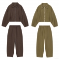 Women's 2-Piece Fashion Leisure Outfits Set Soft Polyester Zipper Lapel Bomber Jacket And Wide Leg Long Pants Solid Color Autumn Winter Streetwear Tracksuit