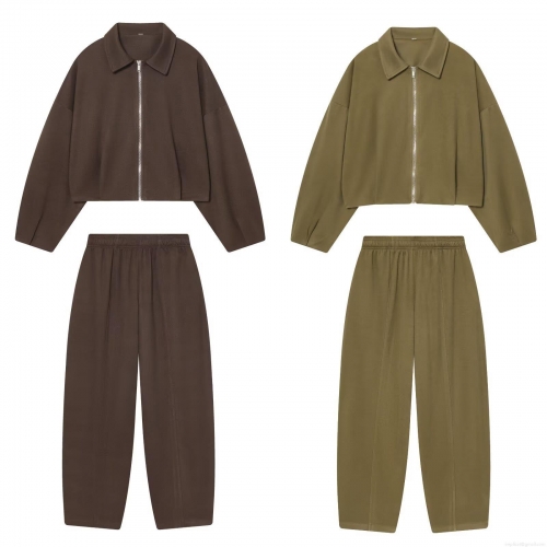 Women's 2-Piece Fashion Leisure Outfits Set Soft Polyester Zipper Lapel Bomber Jacket And Wide Leg Long Pants Solid Color Autumn Winter Streetwear Tracksuit
