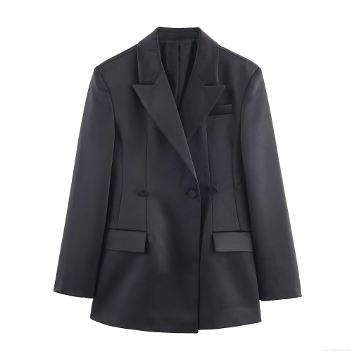 Women's Satin Texture Blazer and Pants Set Double Breasted Lapel Long Sleeve Suit Jacket High Waist Wide Leg Trousers Casual Professional Streetwear Office Wear Outfit
