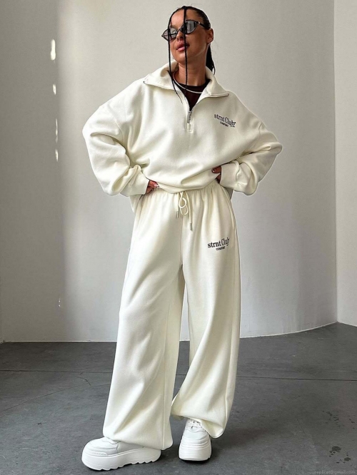 Women's 100% Cotton Letter Print Sports Hoodie Set Two-Piece Casual Loose Half-Zipper Sweatshirt and Wide-Leg Pants Set Streetwear Autumn Winter Loungewear