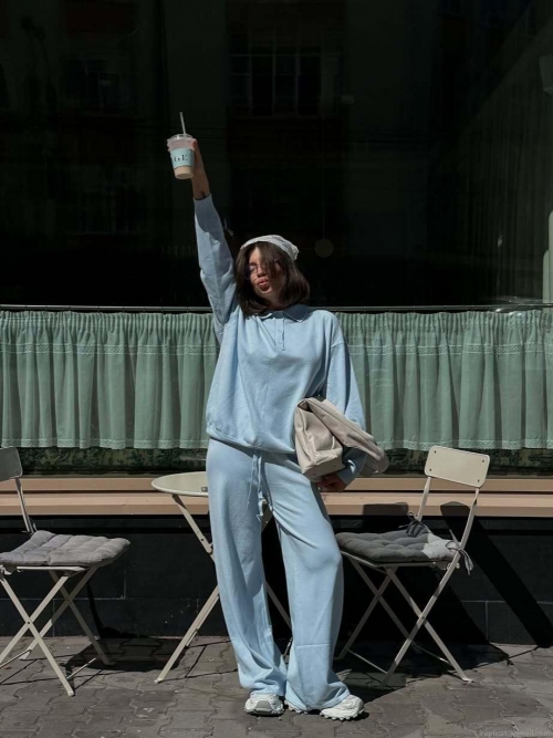 Women's Casual Two Piece Polo Neck Long Sleeve Pullover Sweatshirt And High Waist Wide Leg Pants Loungewear Set Solid Color Cotton Blend Tracksuit
