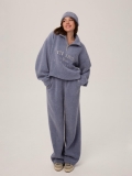 Women 3-Piece Knit Lounge Set Half Zip Sweater Long Wide Leg Pants Headband Embroidered Cotton Blend Tracksuit Autumn Winter Casual Sporty Streetwear Outfit