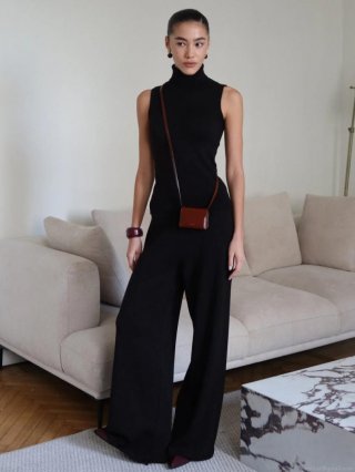Women's 2-Piece Knit Set Cotton Blend Sleeveless High Neck Top and Wide Leg Pants Minimalist Solid Color Casual Suit for Autumn Spring Elegant Soft Outfit