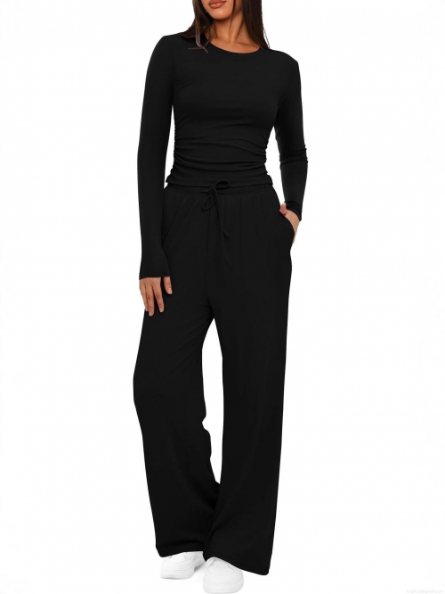 Women's Ribbed Knit Two Piece Set Long Sleeve Slim Top And High Waist Drawstring Wide Leg Pants Casual Lounge Commute Sweatsuit Solid Color Tracksuit For Autumn Winter