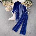 Women 3 Piece Knit Set Bohemian Geometric Pattern Open Front Cardigan With High Neck Top And Wide Leg Pants Elegant Ethnic Casual Outfits