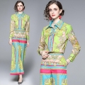 Women's Baroque Floral Print Two Piece Set Elegant Lapel Long Sleeve Shirt and High Waist Wide Leg Pants Satin Finish Suit for Daily Party