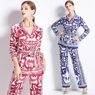 Women's Elegant Print Two-Piece Pants Set Satin Long Sleeve Belted Lapel Shirt And Wide Leg Trousers Sicilian Style Casual Commute Outfit For Ladies