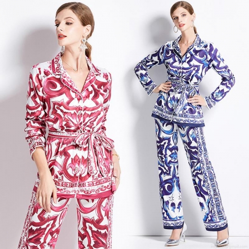 Women's Elegant Print Two-Piece Pants Set Satin Long Sleeve Belted Lapel Shirt And Wide Leg Trousers Sicilian Style Casual Commute Outfit For Ladies