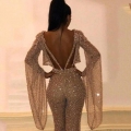 Women's Sexy Sequin Two Piece Set Long Sleeve Backless Crop Top and Flare Pants Sequin Polyester Clubwear Jumpsuit for Party Night