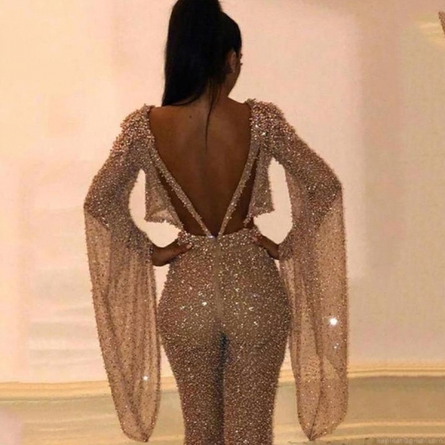 Women's Sexy Sequin Two Piece Set Long Sleeve Backless Crop Top and Flare Pants Sequin Polyester Clubwear Jumpsuit for Party Night