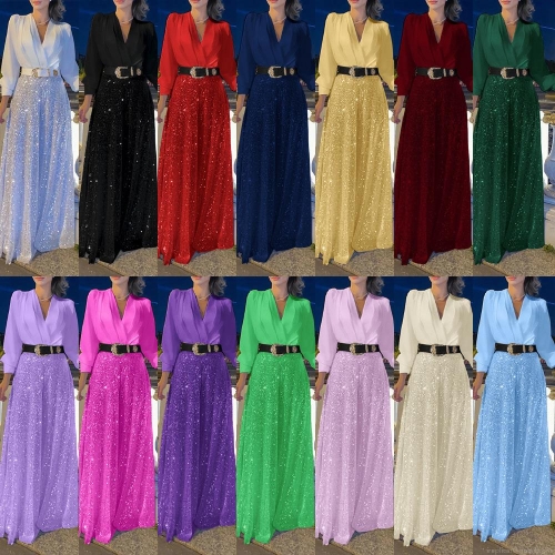 Women's Elegant V-Neck Long Sleeve Satin Sequin Patchwork Wide Leg Pants Set With Belt Luxury Fashion Waist-Slim Two-Piece Suit For Party Banquet Clubwear