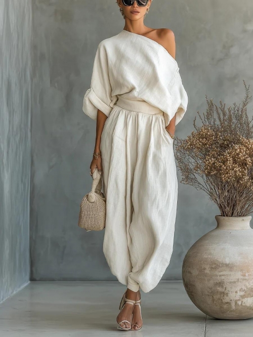 Women Elegant One Shoulder Long Sleeve T-Shirt and High Waist Wide Leg Pants Two Piece Set Solid Color Linen Texture Loose Casual Lounge Outfit for Summer Autumn Spring