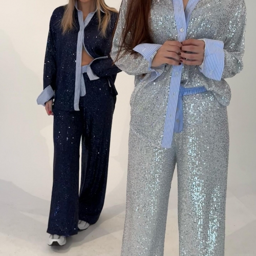 Women's 2-Piece Sequined Suit Set Shiny Long Sleeve Shirt Blouse And Wide Leg Pants Pajama Style Casual Party Outfit Glamorous Sparkly Streetwear Set For Women
