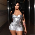 Women's Sexy Metallic Faux Leather Two-Piece Set Tube Top Corset And Shorts Streetwear Clubwear Party Outfit Set