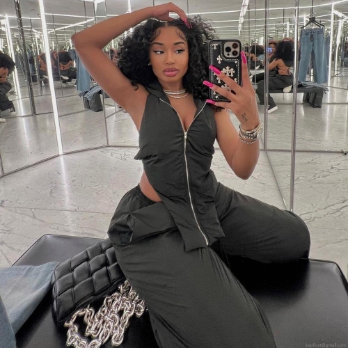 Women's 2-Piece Outfits Sexy Backless Hooded Zipper Vest Top And Quilted Baggy Pants Solid Black Gothic Streetwear Lounge Set