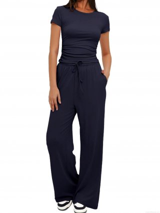 Women's Casual 2 Piece Outfits Ribbed Short Sleeve Crewneck Ruched Top and High Waisted Wide Leg Pants Loungewear Set with Drawstring for Summer Spring Autumn
