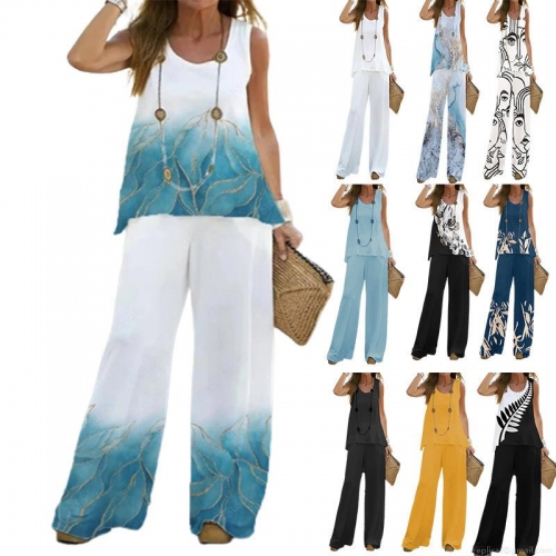 Women's Two Piece Outfits Sleeveless Round Neck Top and High Waist Wide Leg Pants Set Polyester Spandex Printed Casual Summer Vacation Outfits