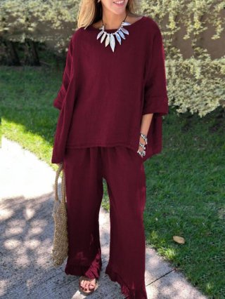Women's 2 Piece Lounge Set Casual Cotton Linen Feel Solid Color Loose Fit Short Sleeve Top And Wide Leg Pants Vacation Outfits For Women