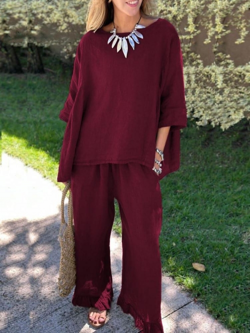 Women's 2 Piece Lounge Set Casual Cotton Linen Feel Solid Color Loose Fit Short Sleeve Top And Wide Leg Pants Vacation Outfits For Women