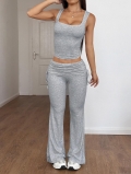 Women's Ribbed Knit Two Piece Set Viscose Spandex Sleeveless Crop Tank Top And High Waist Flare Pants Sexy Y2K Solid Color Bell Bottom Outfits