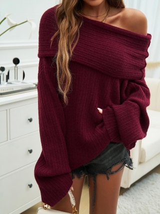 Women's Elegant Off-Shoulder Knit Sweater Long Flared Sleeve Loose Ribbed Acrylic Polyamide Polyester Blend Solid Color Pullover Top