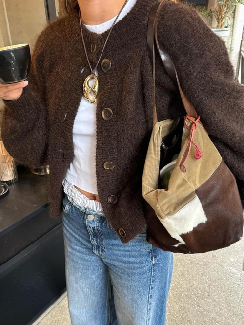 Knit Cardigan Sweater Women Polyester Wool Blend Button Down Round Neck Long Sleeve Casual Daily Outwear Autumn Winter Simple Fashion Solid Color Top