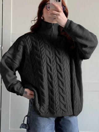 Women's Cable Knit Sweater Half Zip Mock Neck Loose Fit Solid Color Polyester Acrylic Blend Long Sleeve Jumper For Casual Vacation Autumn Winter