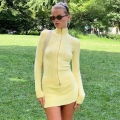 Women's Sexy Slim Fit Cable Knit Zip Up Sweater Semi High Collar Long Sleeve Ribbed Knitwear Polyester Jumper Top For Autumn Winter
