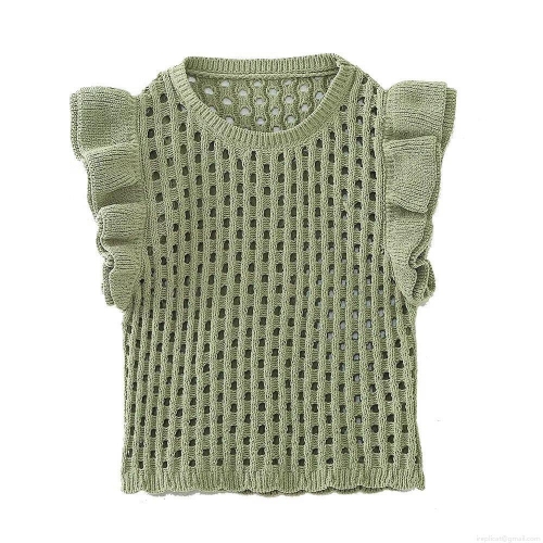 Women's Sweet Hollow Out Knit Vest Top Ruffle Fly Sleeve Round Neck Sleeveless Layering Sweater Solid Color Vintage Style Tank Top For Daily Wear Women's Sweet Hollow Out Knit Vest Top Ruffle Fly Sleeve Round Neck Sleeveless Layering Sweater Solid Color Vintage Style Tank Top For Daily Wear
