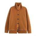 Women High Neck Knit Cardigan Sweater Polyester Loose Fit Long Sleeve Button Down Coat With Hem Zipper Decoration Casual Lazy Style Fall Winter Outerwear