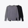 Women's Round Neck Pullover Sweater Long Sleeve Polyester Knit Top With Shoulder Gold Buttons Solid Color Fashion Casual Jumper For Autumn Winter