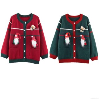 Women's Christmas Knit Cardigan 3D Gnome Teddy Bear Contrast Color Stripe Long Sleeve Loose Sweater Coat For Festive Holiday Party Winter Outerwear
