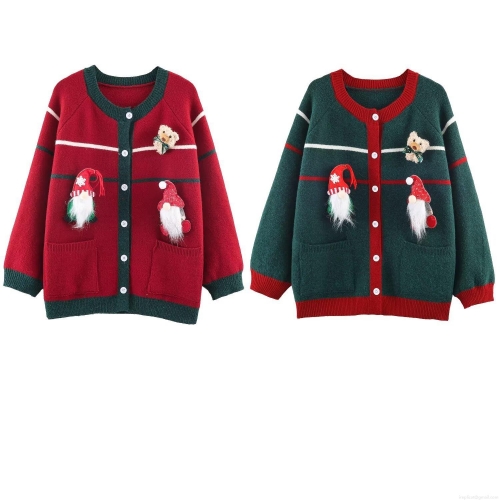Women's Christmas Knit Cardigan 3D Gnome Teddy Bear Contrast Color Stripe Long Sleeve Loose Sweater Coat For Festive Holiday Party Winter Outerwear