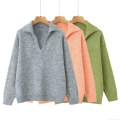 Women's Casual Knitted Polo Neck Sweater V Neck Lapel Collar Long Sleeve Pullover Soft Warm Loose Fit Autumn Winter Streetwear Polyester Knit Jumper