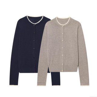 Women's Fashion Lace Trim Knit Cardigan Single-Breasted Long Sleeve Round Neck Cotton Blend Sweater Top Spring Autumn Casual Outerwear Clothing