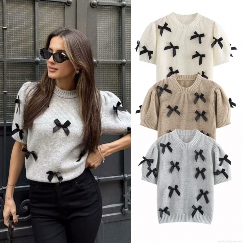 Women's Sweet Bow Decoration Short Sleeve Knit Sweater Crew Neck 100% Polyester Ribbed Knit Top For Daily Dating Casual Retro Lady Style Summer Autumn Fashion