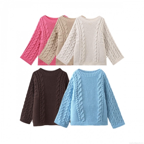 Women's Casual Polyester Cable Knit Sweater Crew Neck Long Sleeve Solid Color Pullover Top Loose Knitted Streetwear Jumper