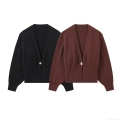 Fashion Women's V-Neck Knitted Cardigan Sweater Long Sleeve Single Gold Button Crop Top Solid Color Polyester Knitwear Streetwear Outwear