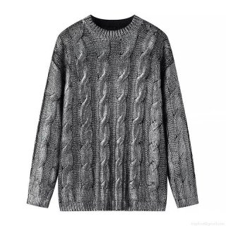 Fashionable Women's Cable Knit Sweater Grey Silver Gradient Long Sleeve Round Neck Pullover With Metallic Gold Stamping Streetwear Winter Knitwear Top