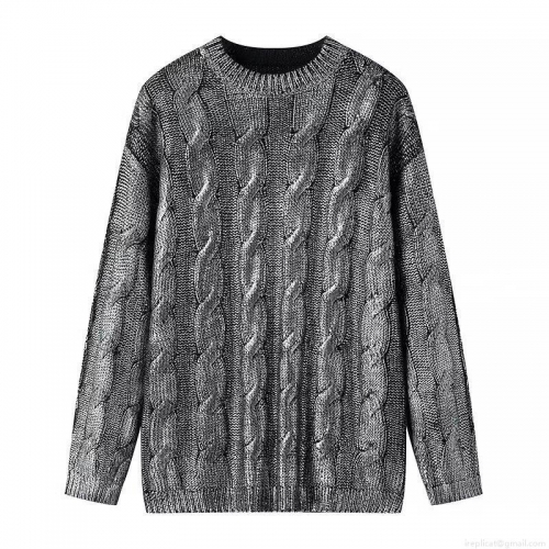 Fashionable Women's Cable Knit Sweater Grey Silver Gradient Long Sleeve Round Neck Pullover With Metallic Gold Stamping Streetwear Winter Knitwear Top