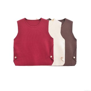 Women's Knitted Vest Sleeveless Crew Neck Pullover With Side Buttons Casual Solid Color Ribbed Knit Sweater Tank Top Streetwear Gilet For Women