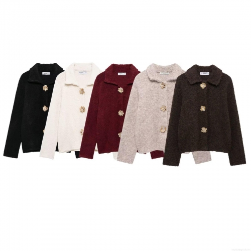 Women's Lapel Long Sleeve Knit Cardigan Jacket Vintage Metal Flower Button Fuzzy Sweater Outerwear Casual Autumn Winter Tops Women's Lapel Long Sleeve Knit Cardigan Jacket Vintage Metal Flower Button Fuzzy Sweater Outerwear Casual Autumn Winter Tops