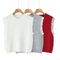 Women's Round Neck Knit Vest Sleeveless Waistcoat With Elegant White Lace Trim Patchwork Casual Autumn Pullover Sweater Vest For Women Elegant Streetwear Top