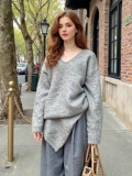 Women's Fashion Knitted Sweater With Shawl Two-Piece Set Loose V-Neck Long Sleeve Polyester Pullover Knitwear Solid Color Casual Autumn Winter Top