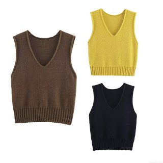 Women's Knitted V-Neck Vest Sleeveless Solid Color 100% Polyester Pullover Tank Top Ribbed Hem Casual Streetwear Sweater Vest For Women Autumn Winter