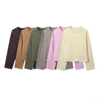 Women's Casual Solid Color Knit Sweater Pullover Long Sleeve Round Neck Drop Shoulder 100% Polyester Knitted Tops For Autumn Winter Streetwear