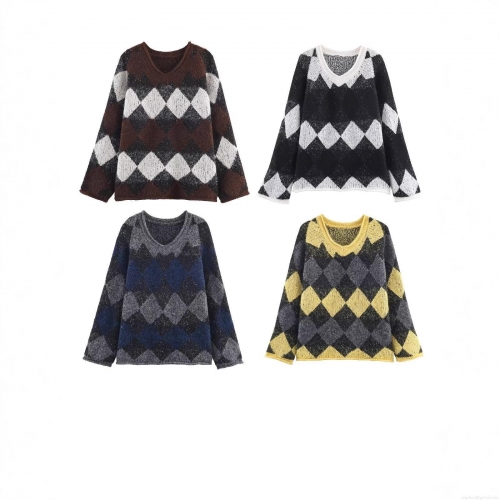 Women's Argyle V-Neck Knit Sweater Contrast Color Long Sleeve Pullover With Shiny Sequins Casual Autumn Winter Geometric Knitwear Jumper Tops