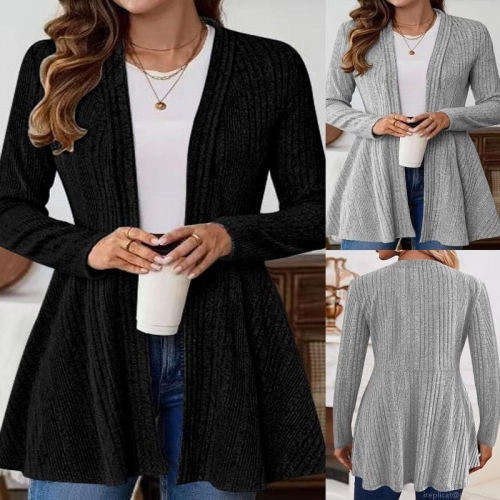 Women's Casual Ribbed Knit Cardigan Long Sleeve Open Front Mid-Length Umbrella Hem Polyester Spandex Solid Color Sweater Wrap Coat For Autumn Winter