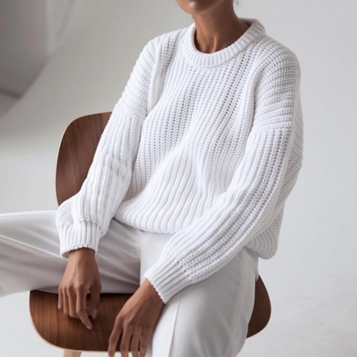 Women's Loose Coarse Knit Pullover Sweater Round Neck Drop Shoulder Lantern Sleeve Solid Color Casual Autumn Winter Warm Knitted Tops
