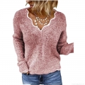 Women's V-Neck Scalloped Edge Knit Sweater Acrylic Loose Long Sleeve Pullover Casual Solid Color Jumper Fashion Streetwear Autumn Winter Top